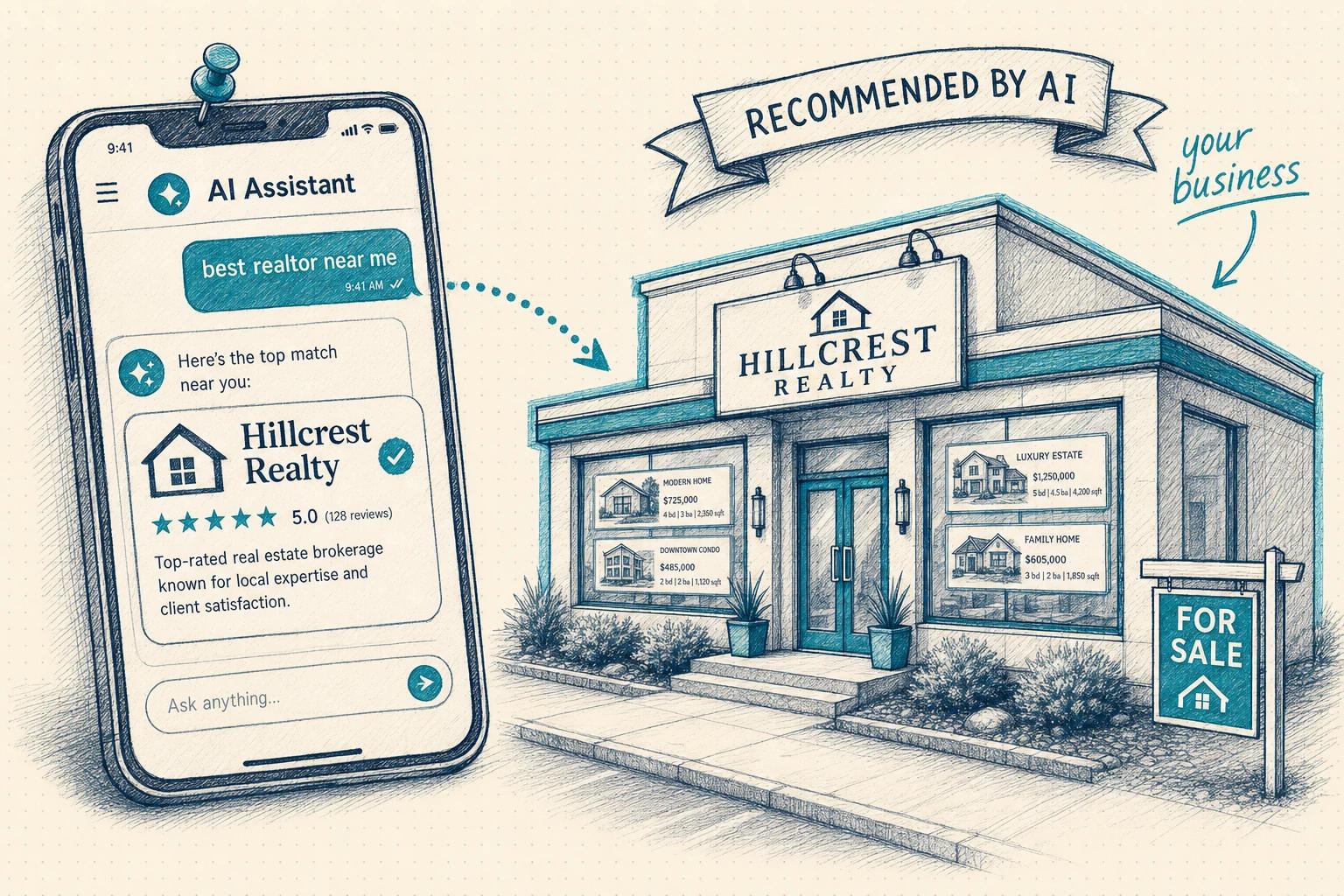 Illustration of a customer asking an AI assistant 'best realtor near me' and receiving a recommendation for Hillcrest Realty, shown as a real estate brokerage highlighted with a 'Recommended by AI' banner.