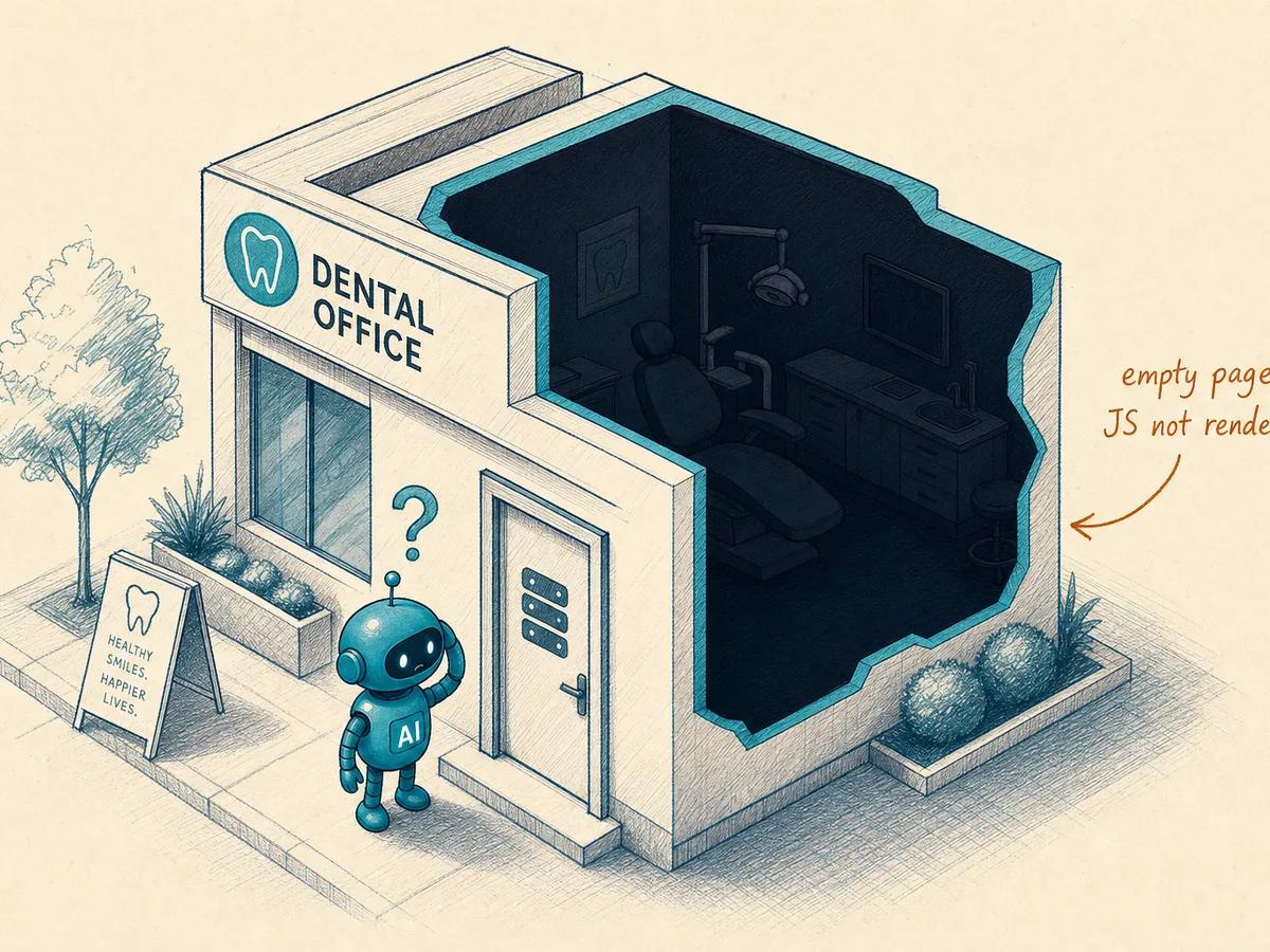 Hand-drawn diagram showing an AI crawler robot unable to see inside a dental office because the website's JavaScript content wasn't server-side rendered