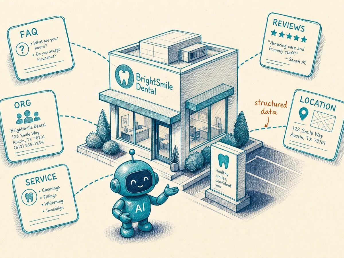Hand-drawn isometric diagram of a dental office surrounded by structured data cards labeled FAQ, Organization, Service, Reviews, and Location, all connected by schema markup