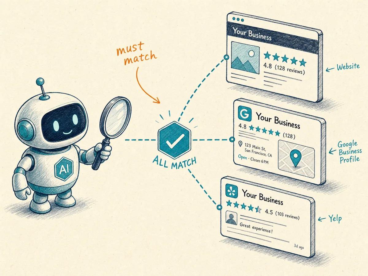 Hand-drawn diagram of an AI agent cross-referencing a business across its website, Google Business Profile, and Yelp listing — confirming all three sources match for trust verification
