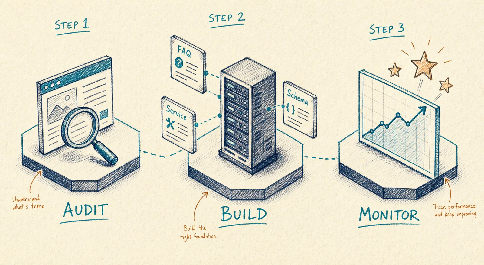 The AIOnramp 3-step process: Audit your AI visibility, build authoritative content and signals, monitor your share of AI answers.