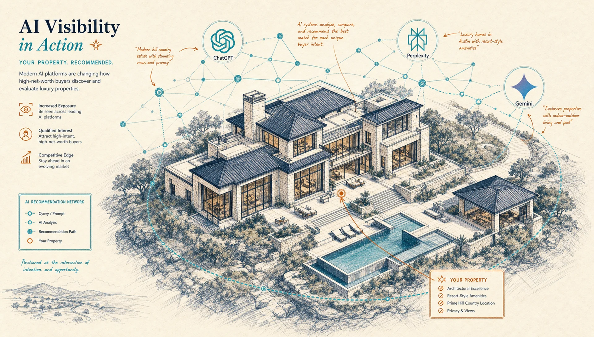 A luxury Hill Country mansion connected to ChatGPT, Perplexity, and Gemini via an AI recommendation network.