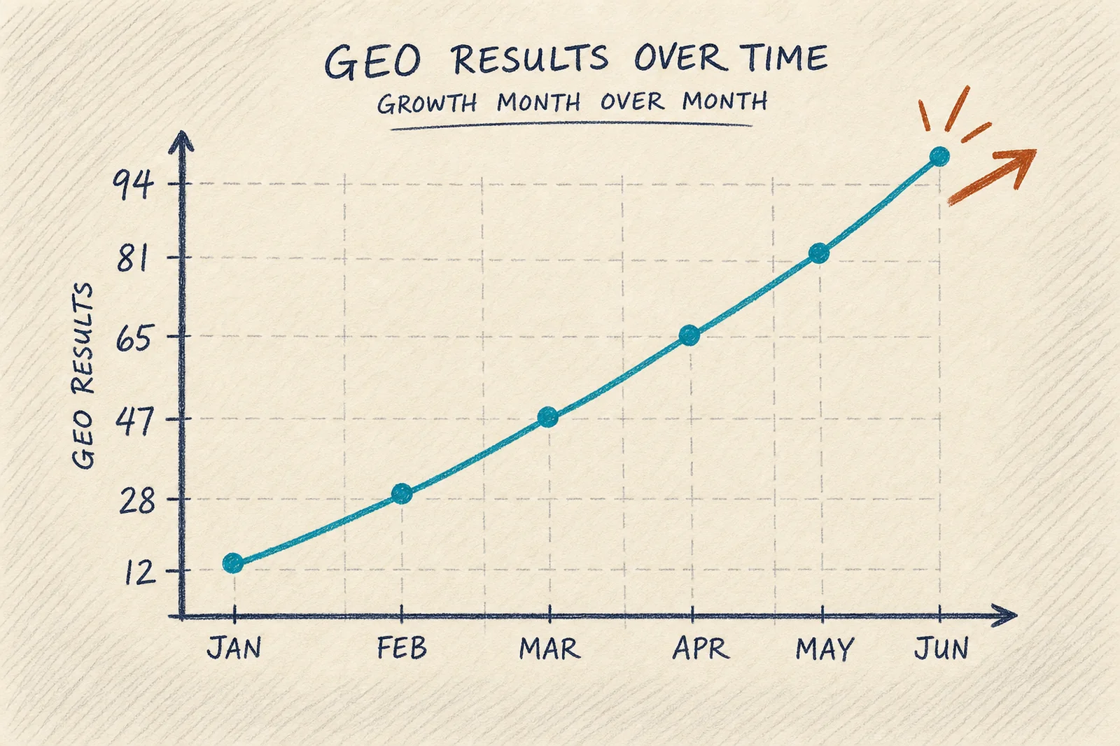 Line chart: GEO results grow from 12 in January to 94 in June — sustained month-over-month gains.