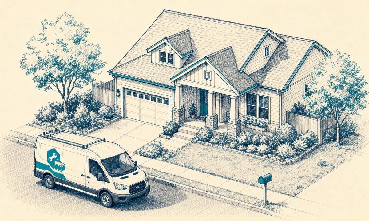 Hand-drawn illustration of a suburban home with a service van in the driveway