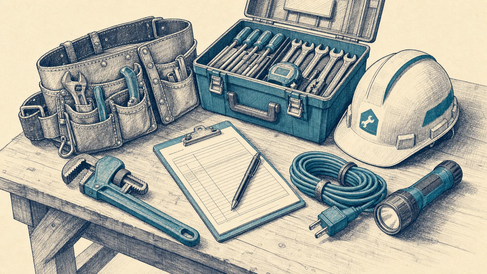 Hand-drawn editorial illustration of contractor tools arranged on a workbench